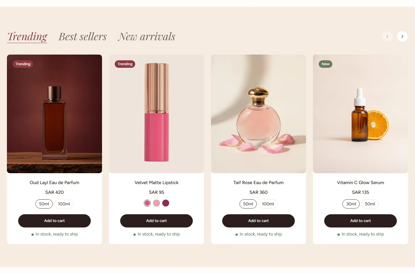 The “Featured collections” section in the Rayhan design