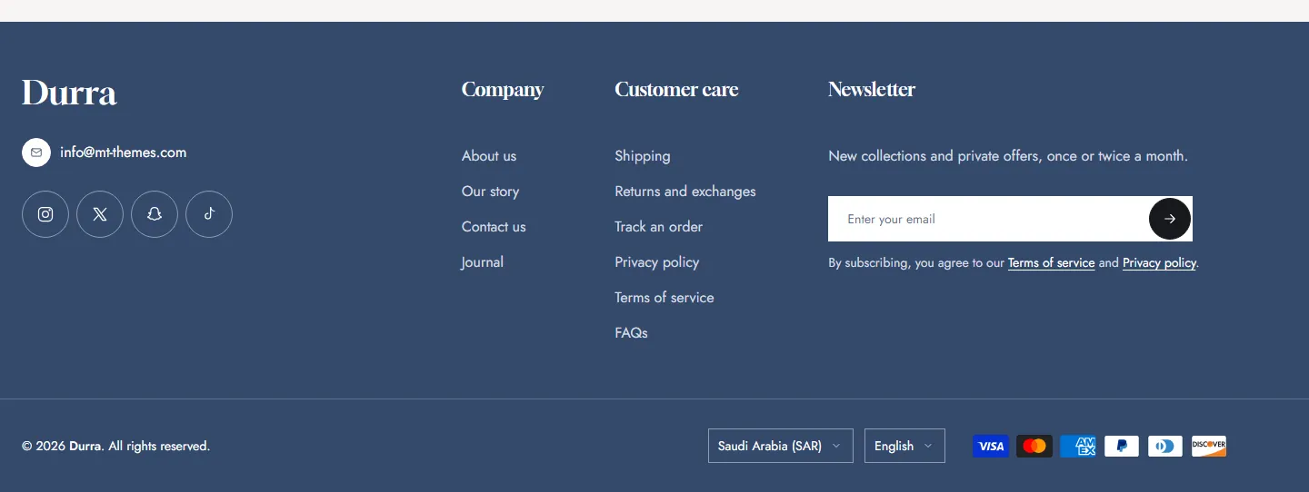 Store, links and newsletter panels