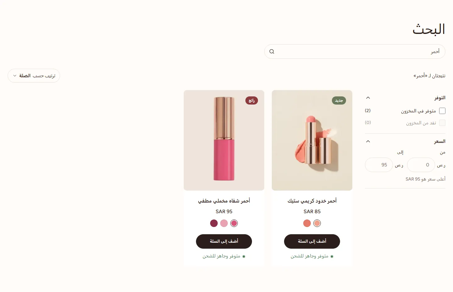 قسم «نتائج البحث» في تصميم Rayhan