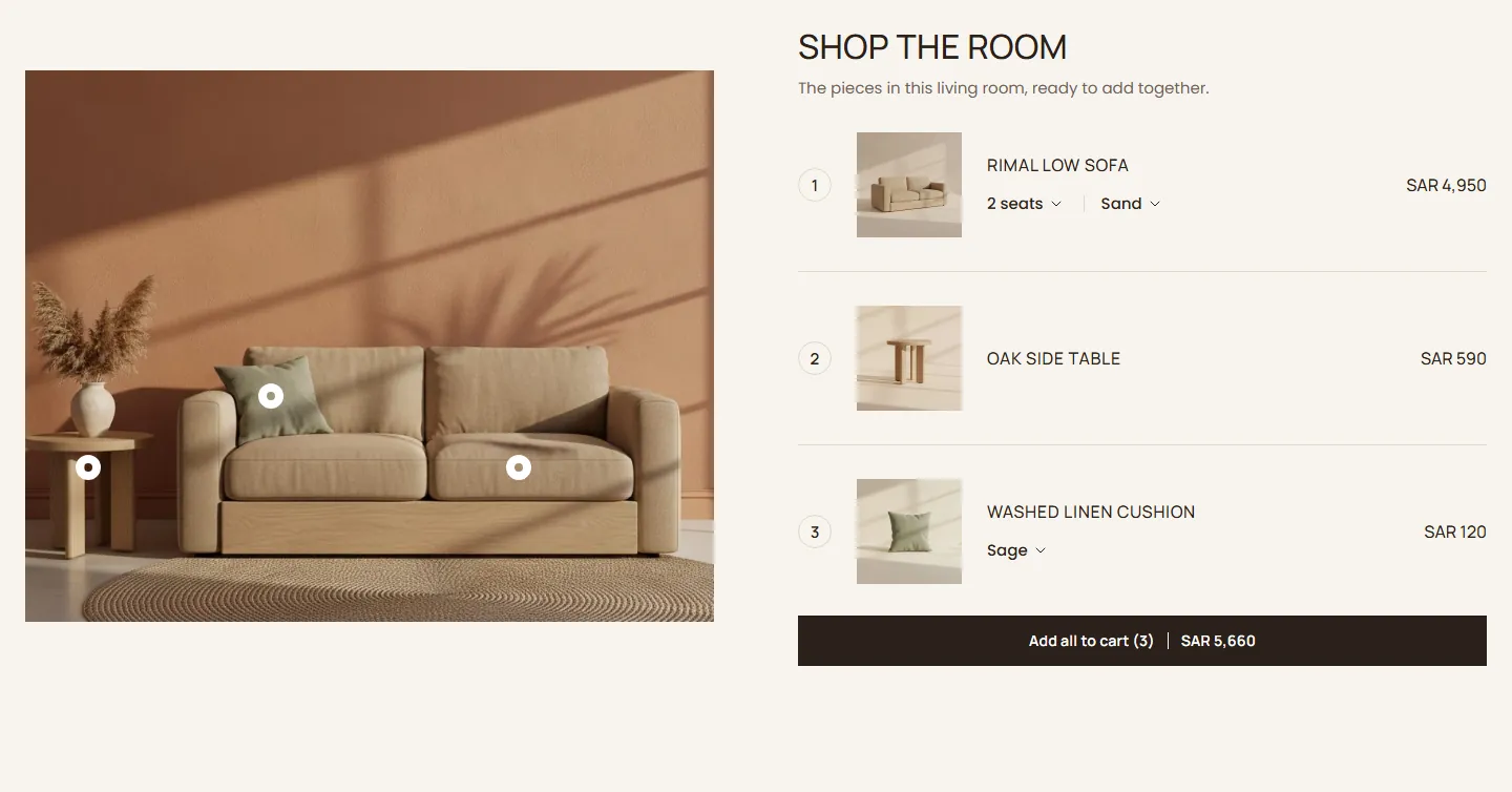 The “Shop the room” section in the Liwan design